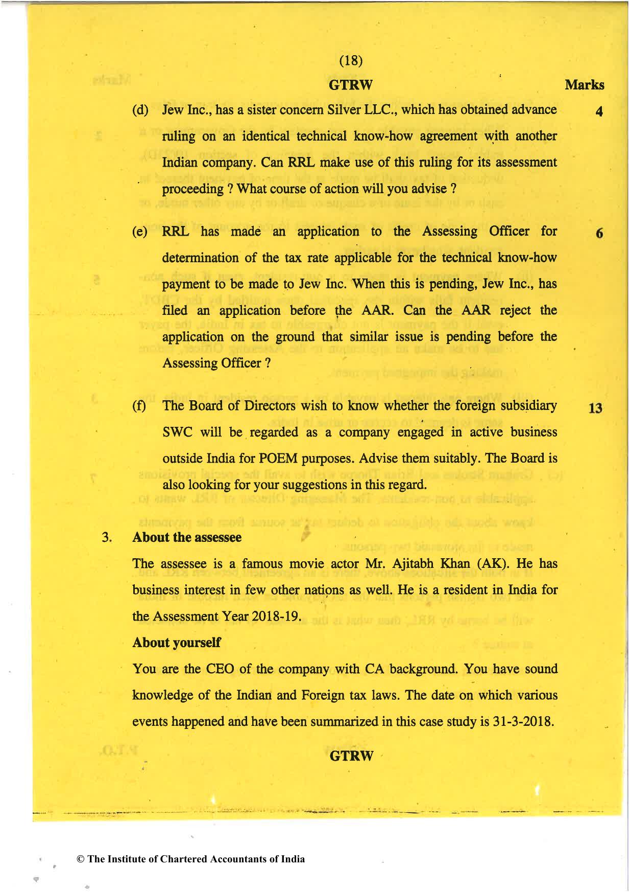 CA Final May 2018 Question Paper - Paper 6C – International Taxation - Page 18