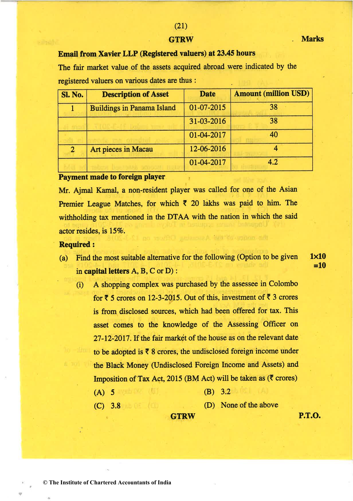 CA Final May 2018 Question Paper - Paper 6C – International Taxation - Page 21