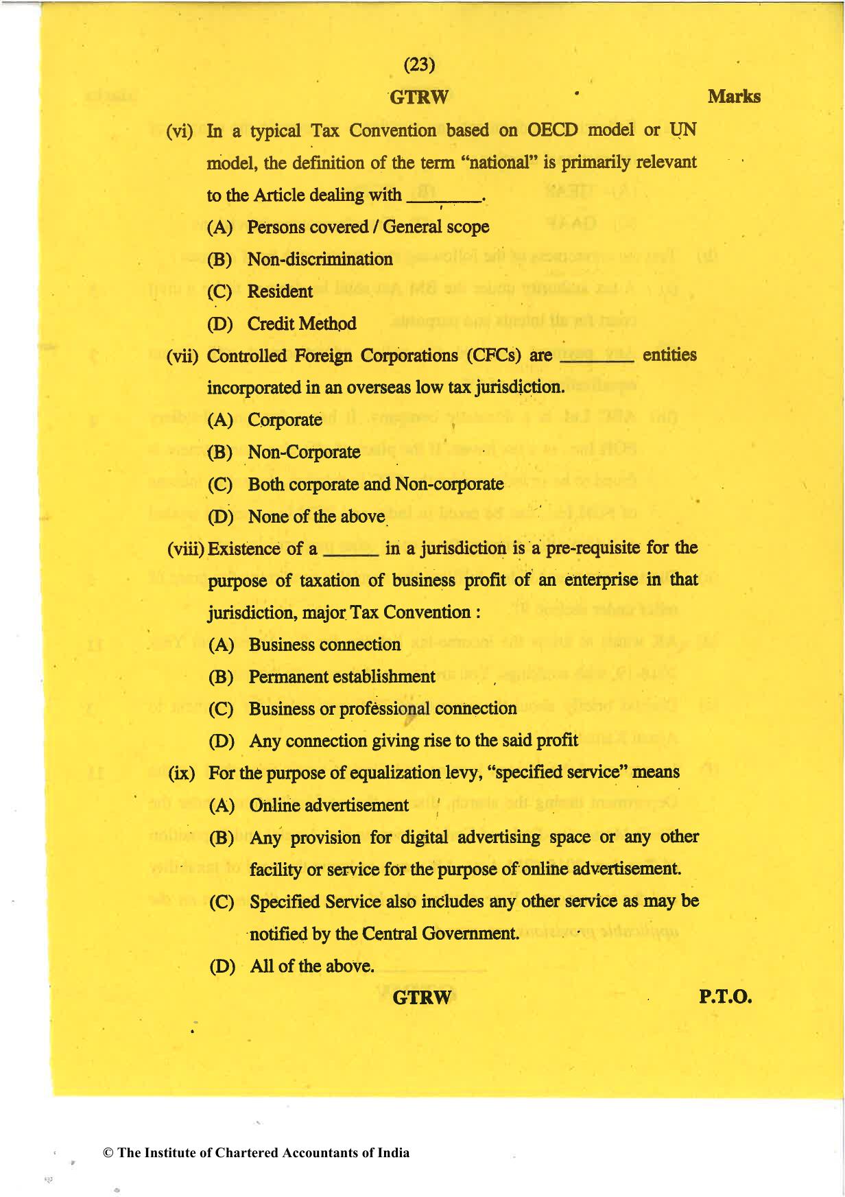 CA Final May 2018 Question Paper - Paper 6C – International Taxation - Page 23