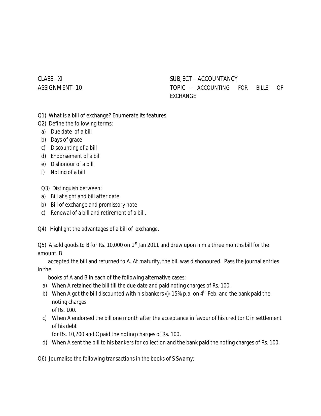 CBSE Worksheets for Class 11 Accountancy Assignment 14 - Page 1