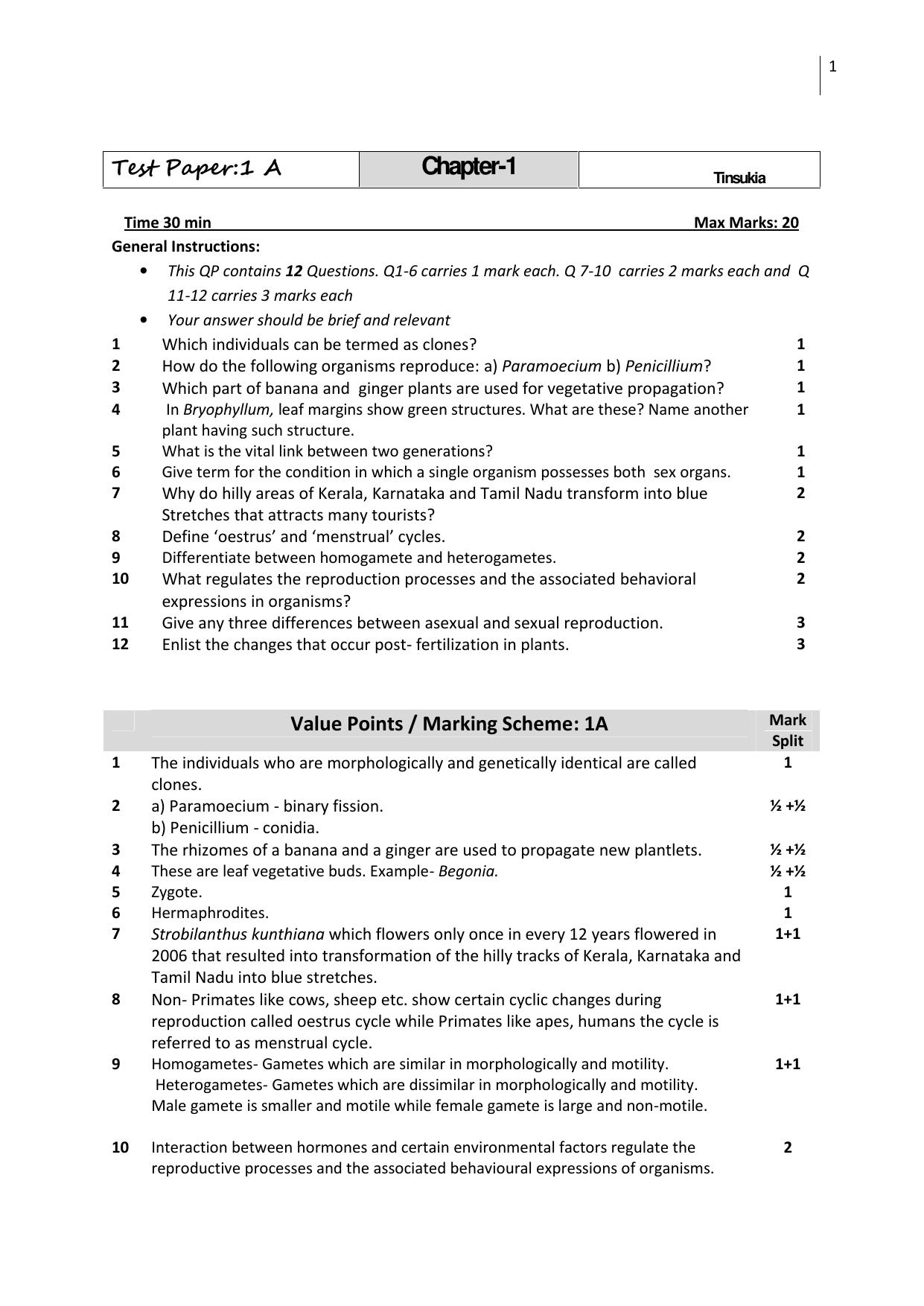 Free Printable CBSE Class 12 Biology All Chapters Worksheets - Page 1