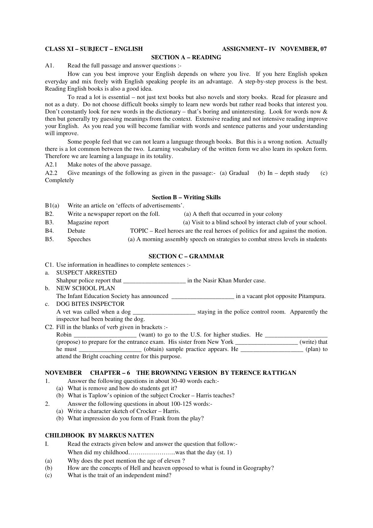 CBSE Worksheets for Class 11 English Assignment 4 - Page 1