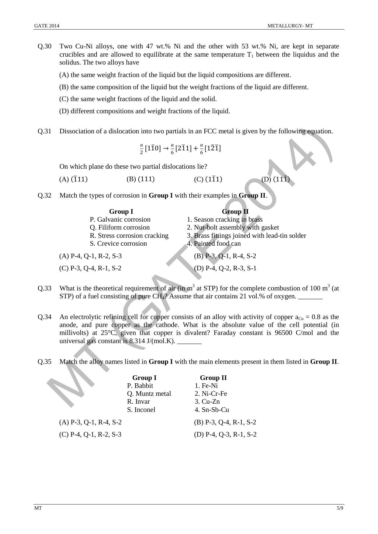 GATE 2014 Metallurgical Engineering (MT) Question Paper With Answer Key ...