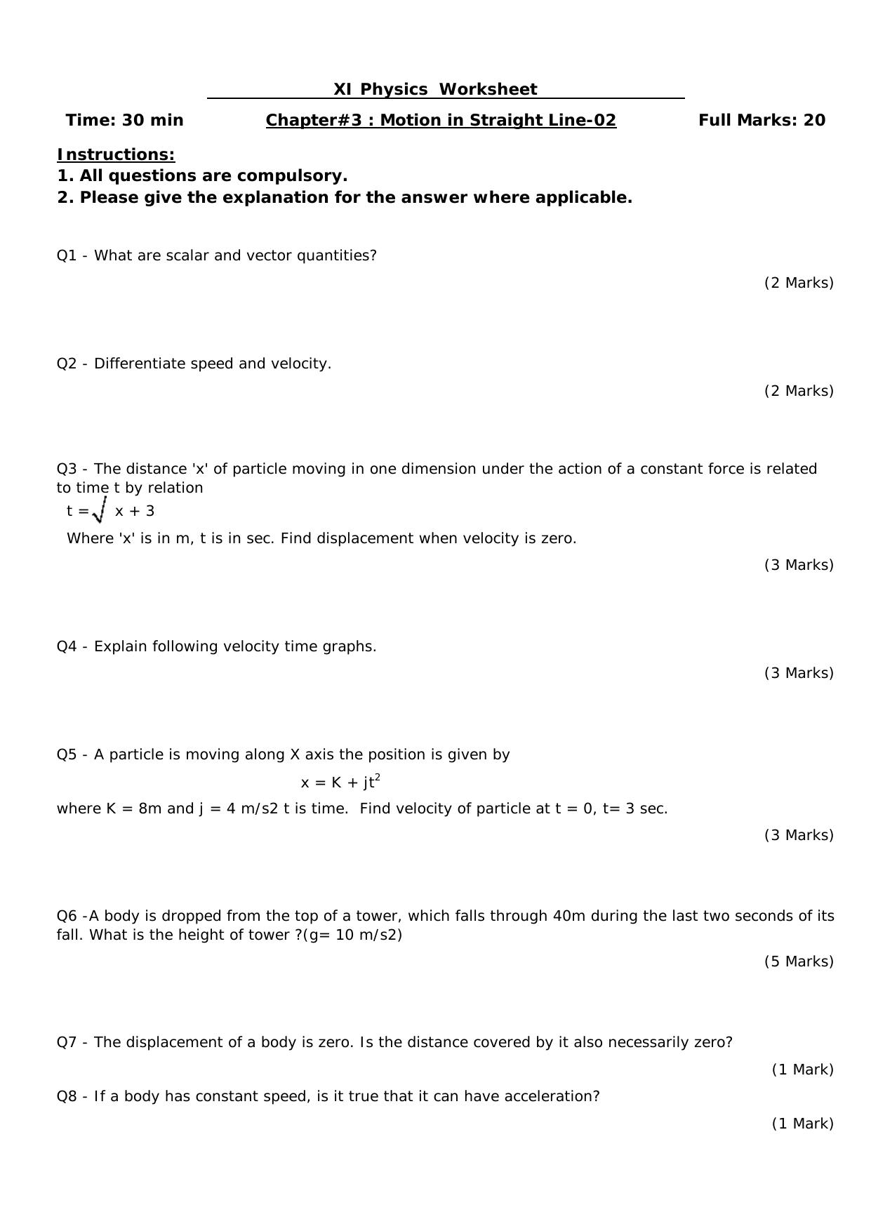 CBSE Worksheets for Class 11 Physics Motion In A Straight Line Assignment 3 - Page 1