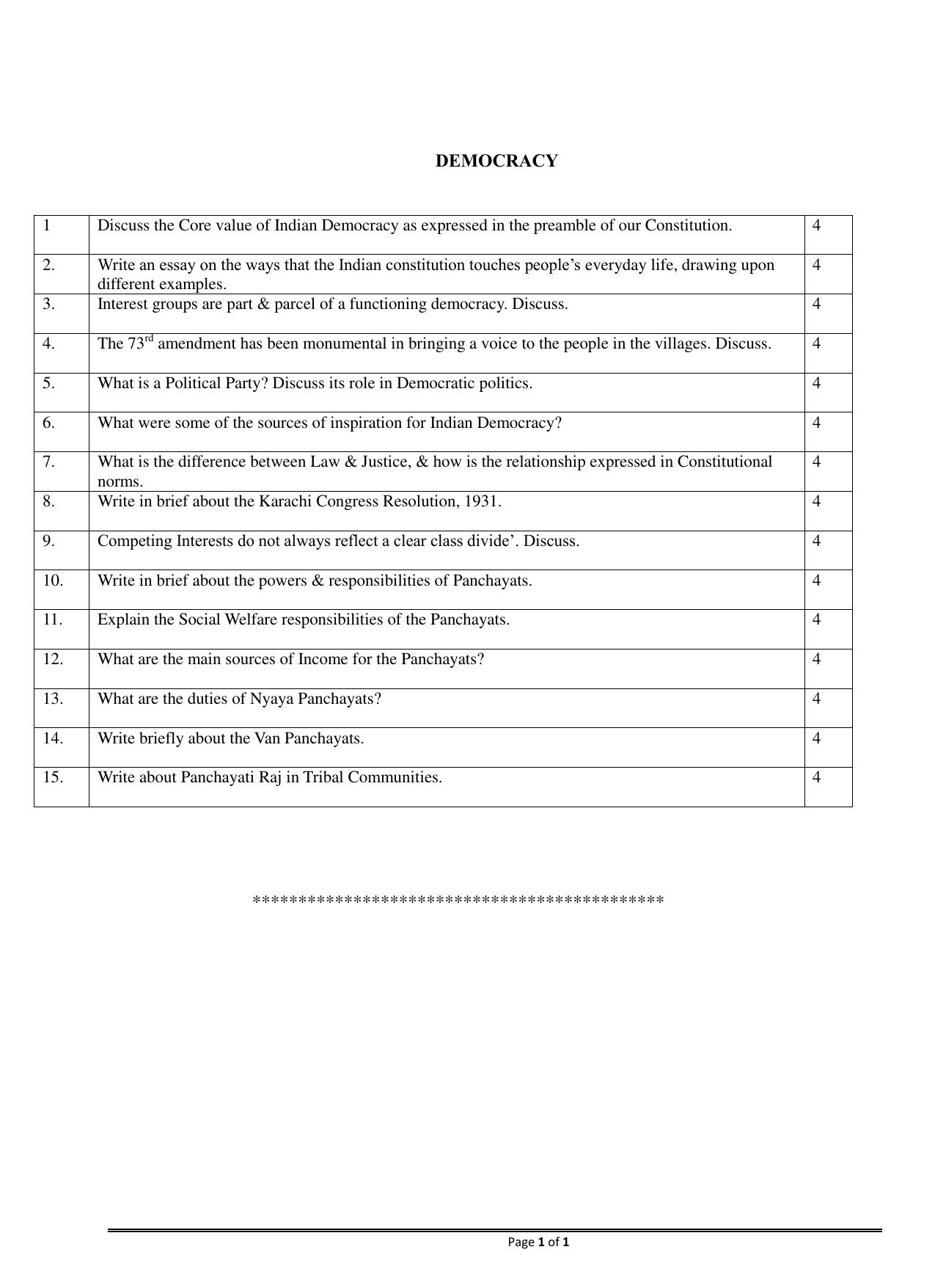 CBSE Class 12 Sociology Democracy Worksheets - Page 1