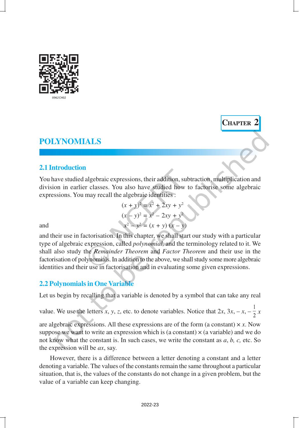 NCERT Book for Class 9 Maths Chapter 2 Polynomials - Page 1