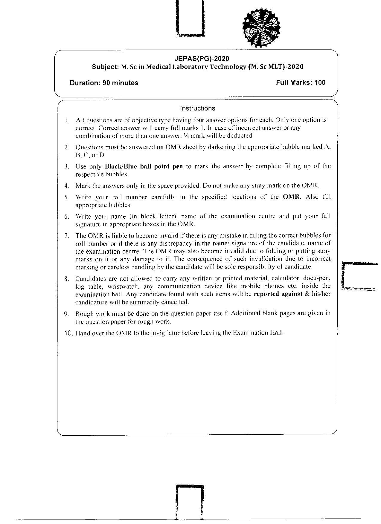 WBJEEB JEMAS (PG) 2020 MSc MLT Question Paper - Page 1
