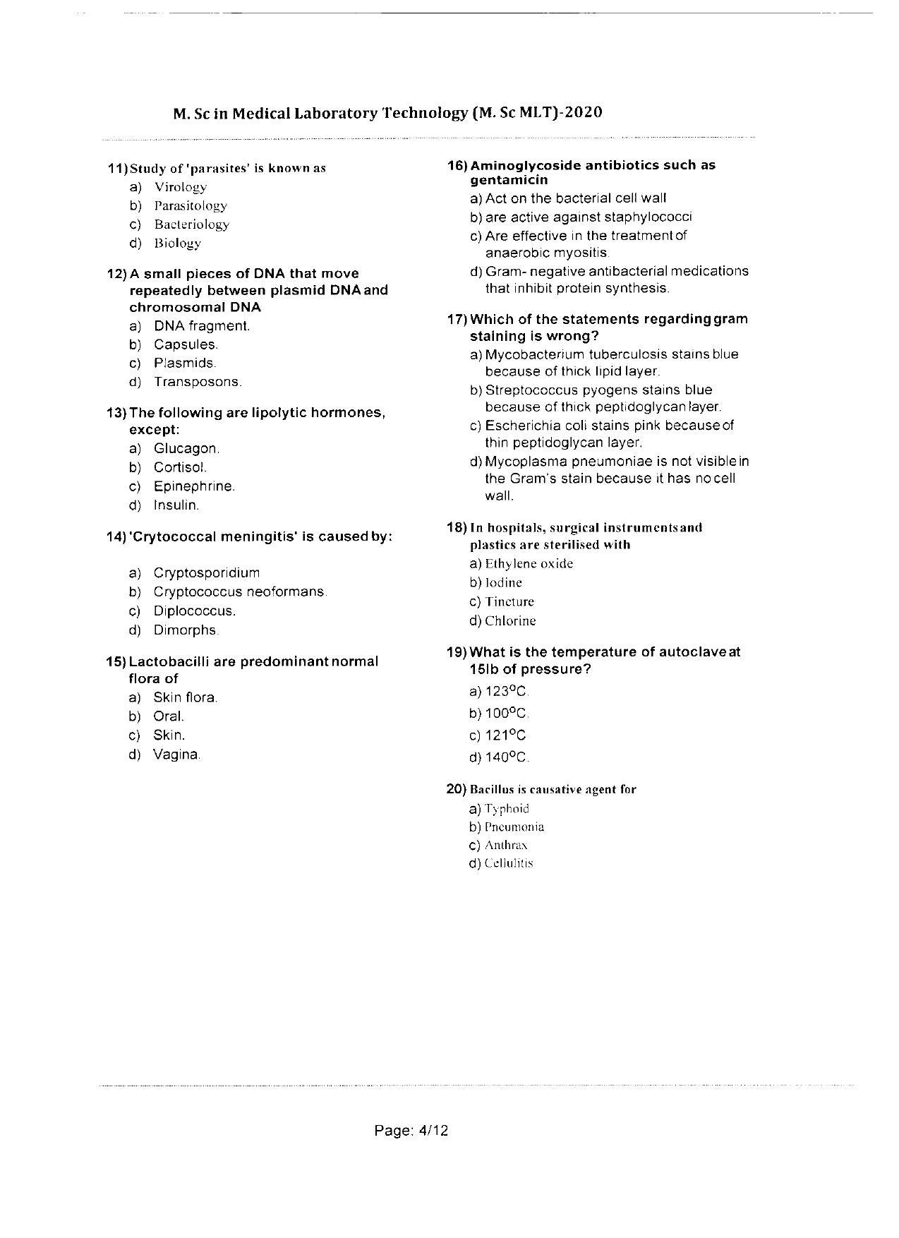 WBJEEB JEMAS (PG) 2020 MSc MLT Question Paper - Page 4