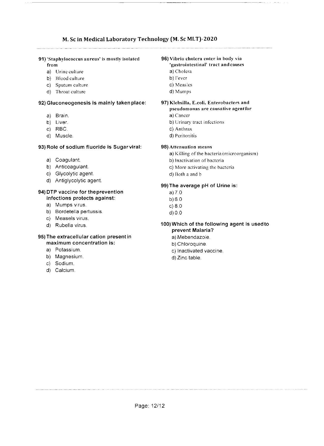 WBJEEB JEMAS (PG) 2020 MSc MLT Question Paper - Page 12