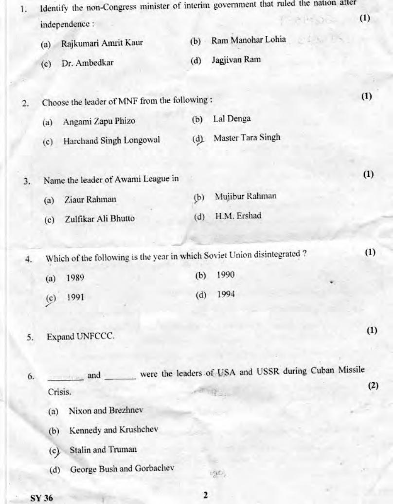 Kerala Plus Two 2019 Political Science Question Paper - Page 1