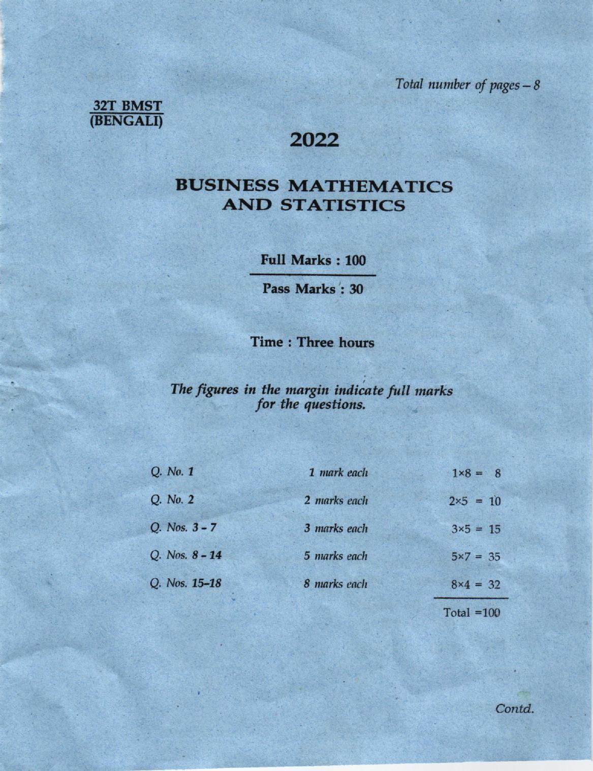 Ahsec Class Business Mathematics And Statistics Bengali Question Papers Indcareer Docs