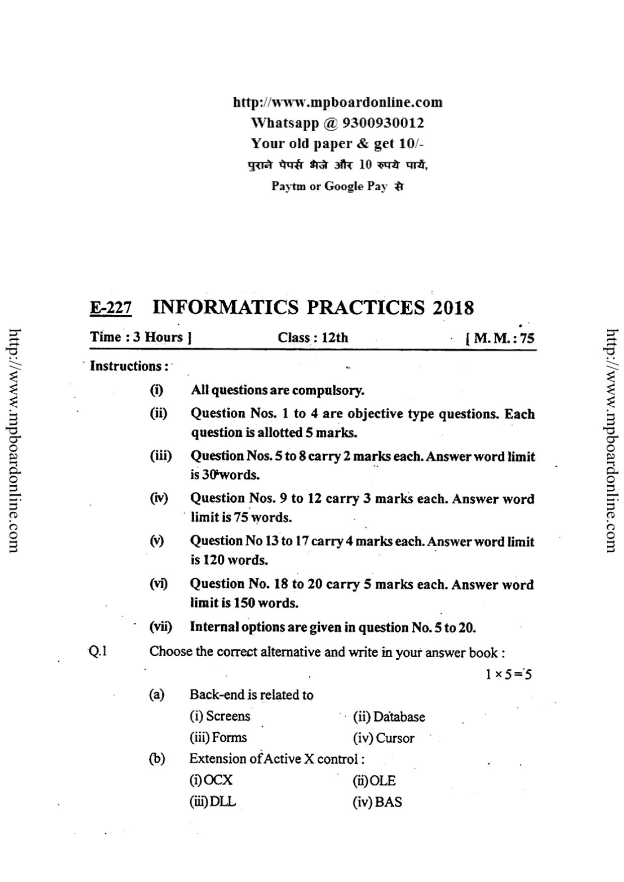 MP Board Class 12 Informatics Practices 2018 Question Paper - Page 4