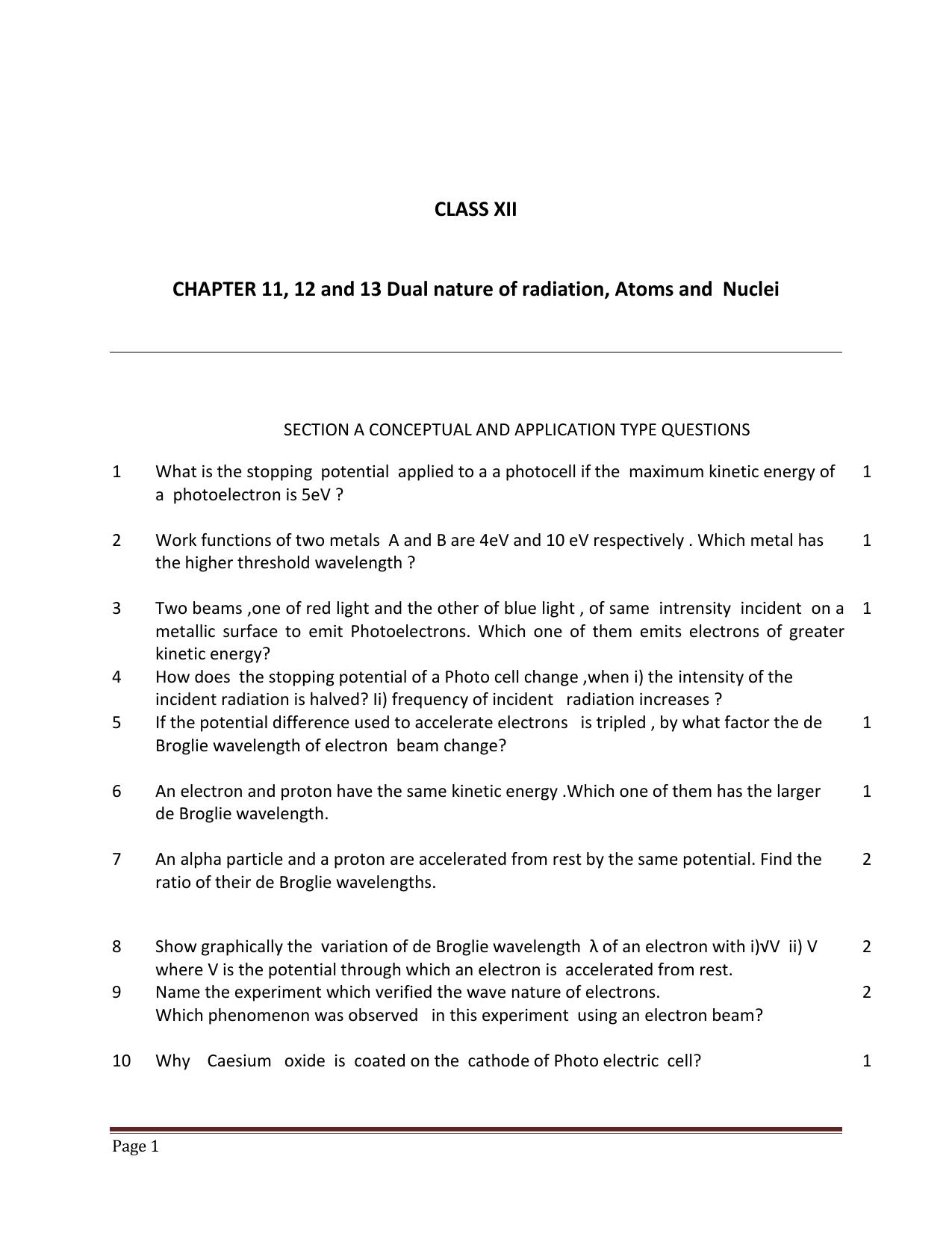 CBSE Worksheets for Class 12 Physics Dual nature of radiation Atoms and ...