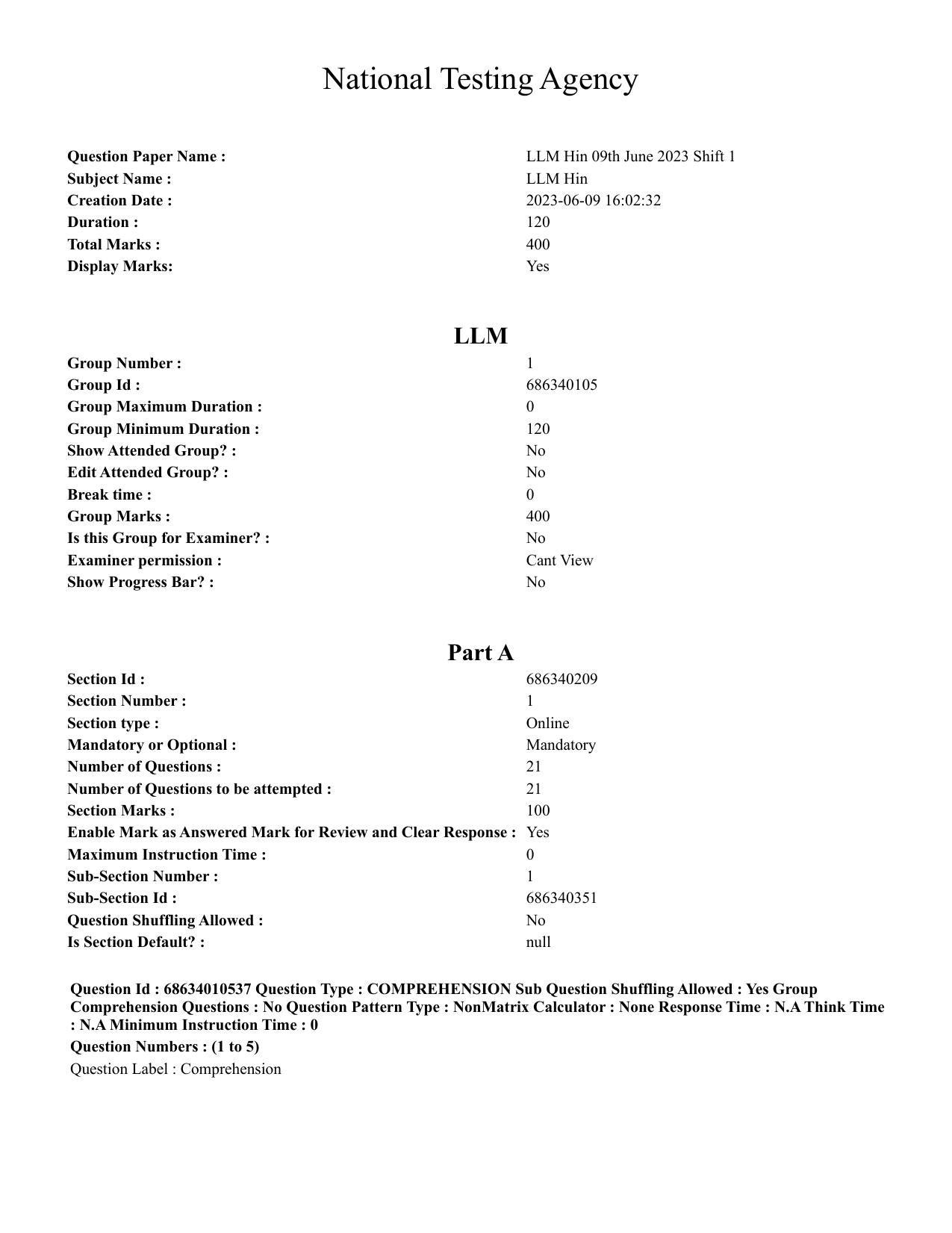 CUET PG 2023:COQP14 – LLM (Hindi)-Shift 1 (09-06-2023) Question Paper - Page 1