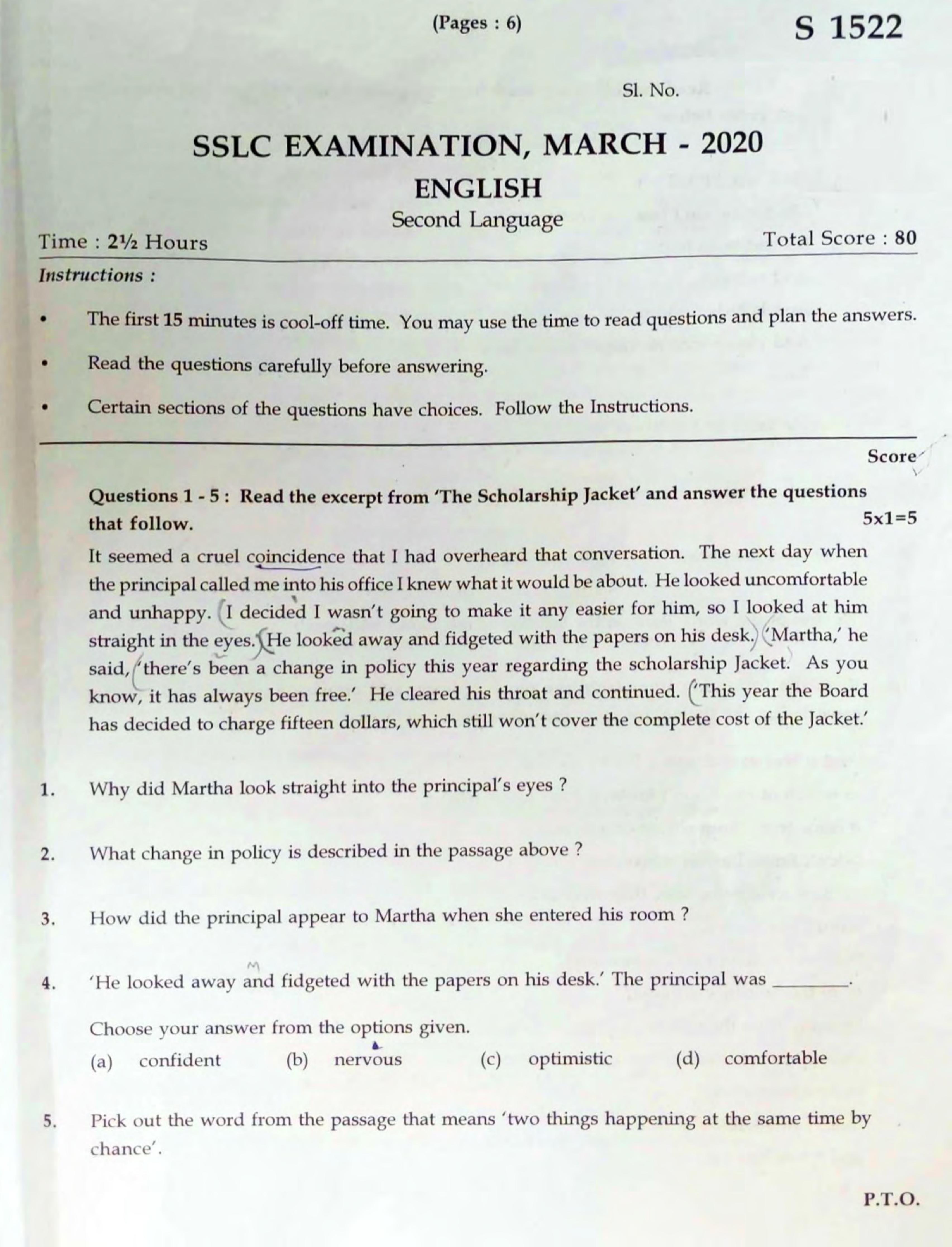 Kerala SSLC 2020 English Question Paper - Page 1