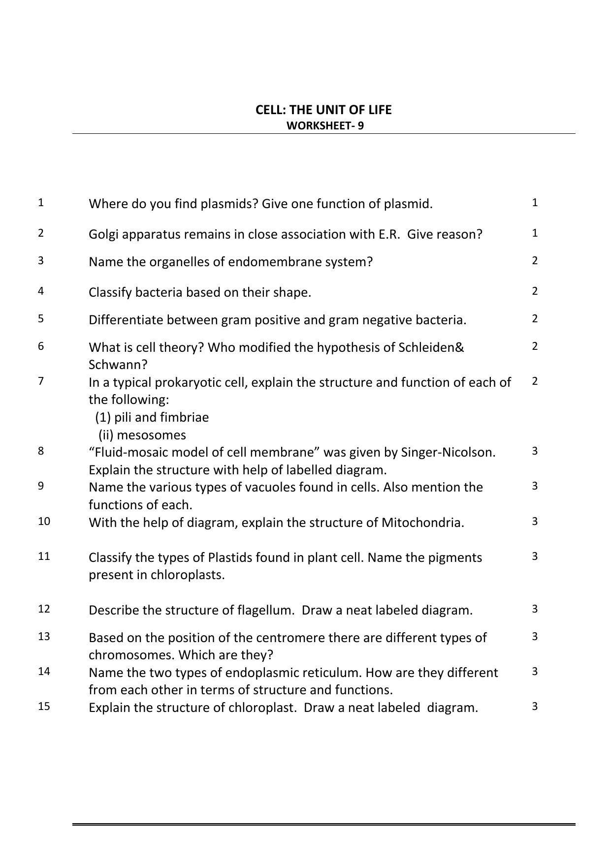 CBSE Worksheets for Class 11 Biology Cell-The Unit of Life Assignment - Page 1