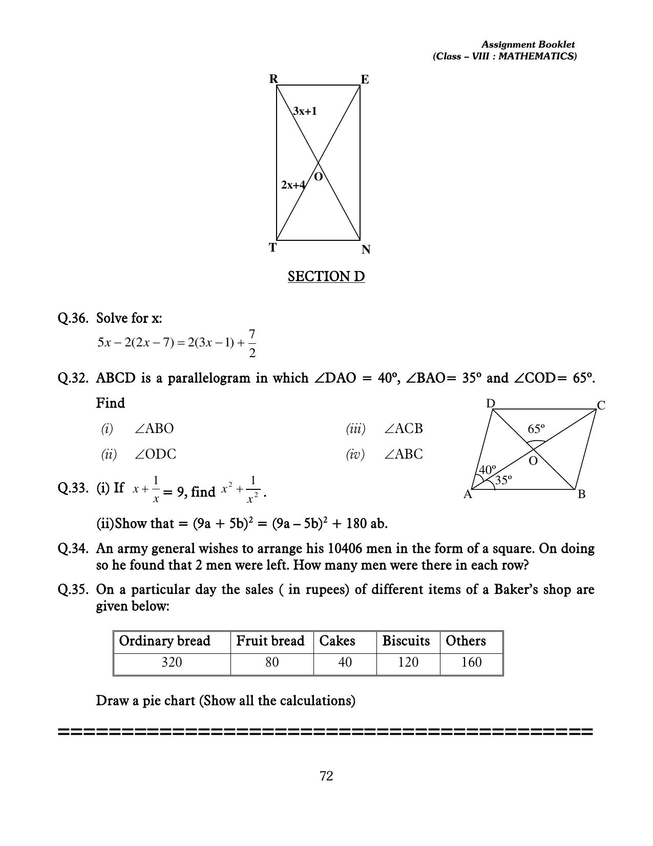 CBSE Worksheets for Class 8 Mathematics Assignment 13 - Page 62