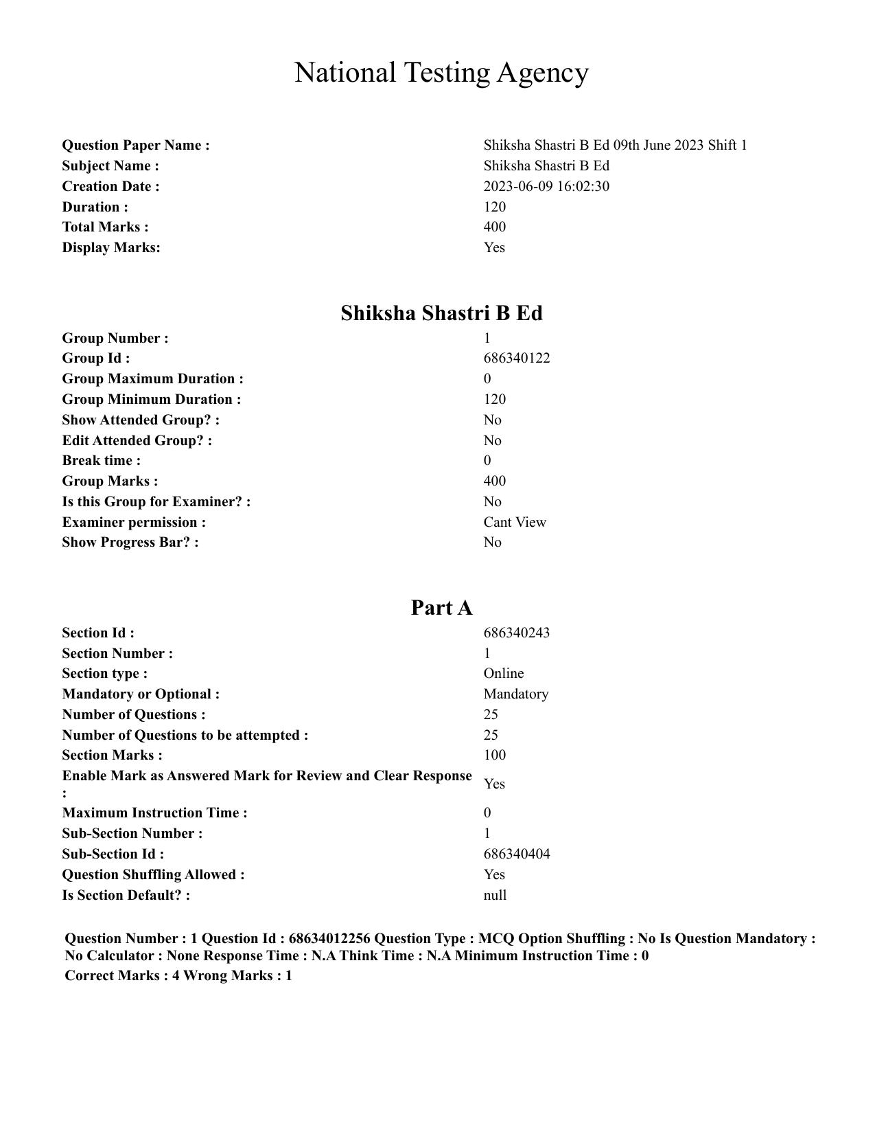 CUET PG 2023:ACQP01 – Shiksha Shastri B.Ed. (Hindi)-Shift 1 (09-06-2023) Question Paper - Page 1