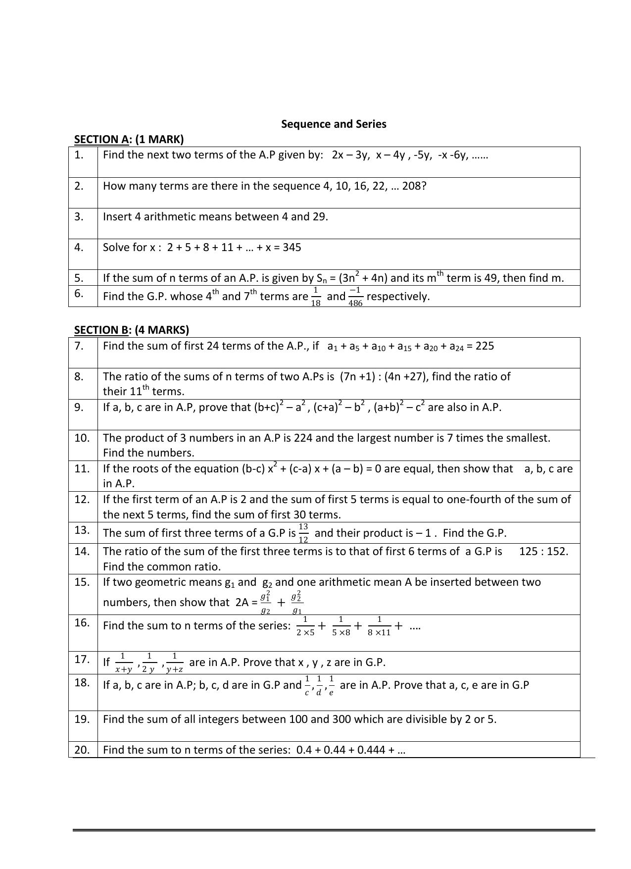 CBSE Worksheets for Class 11 Mathematics Sequences and Series Assignment 3 - Page 1