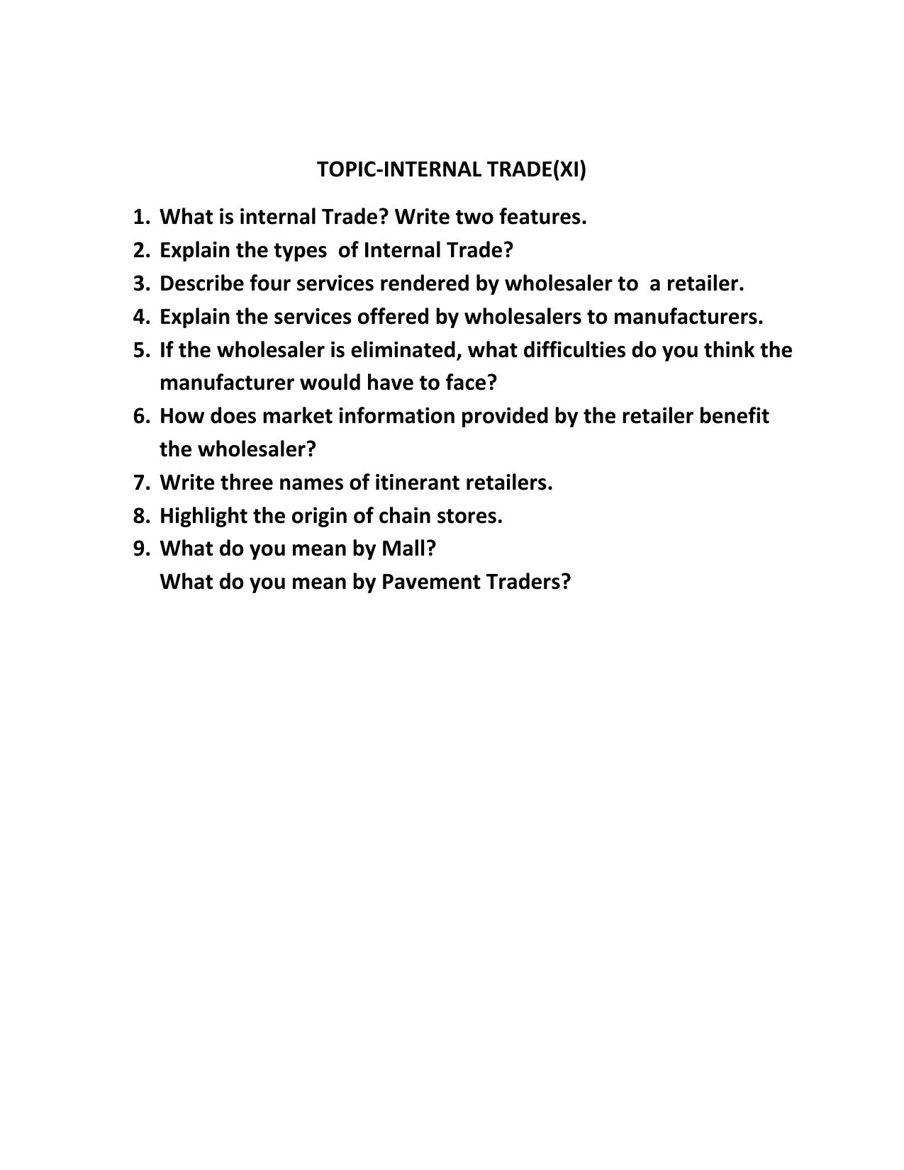 CBSE Worksheets for Class 11 Business Studies Internal Trade Assignment 2 - Page 1