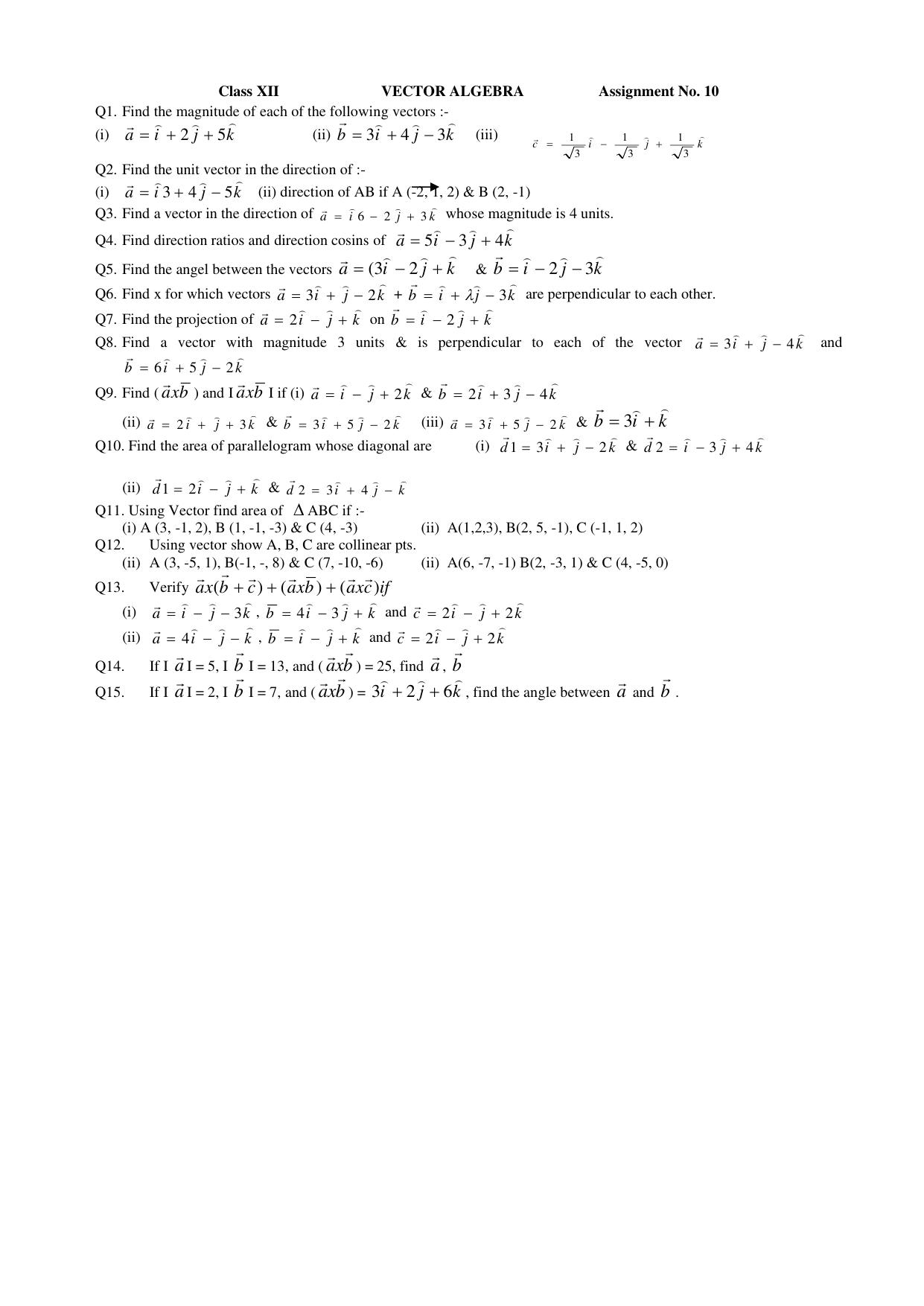 CBSE Class 12 Maths Vector Algebra Assignment - Page 1