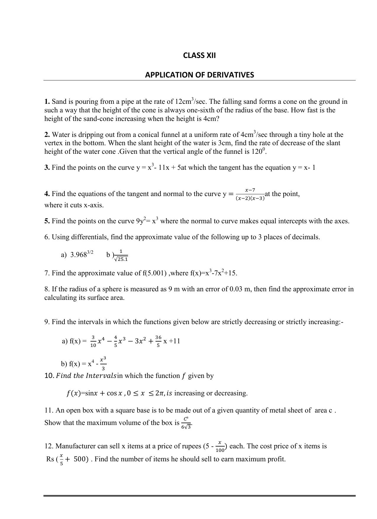 CBSE Worksheets for Class 12 Maths Application of Derivatives - Page 1