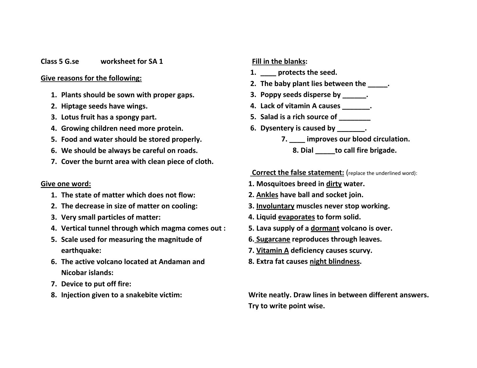 Worksheet for Class 5 Science Assignment 39 - Page 1