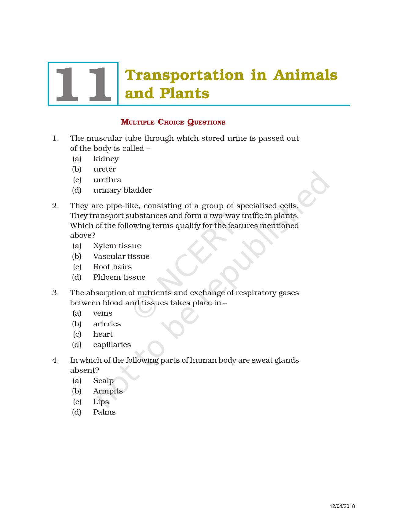 NCERT Exemplar Book for Class 7 Science: Chapter 11-Transportation in Animals and Plants - Page 1