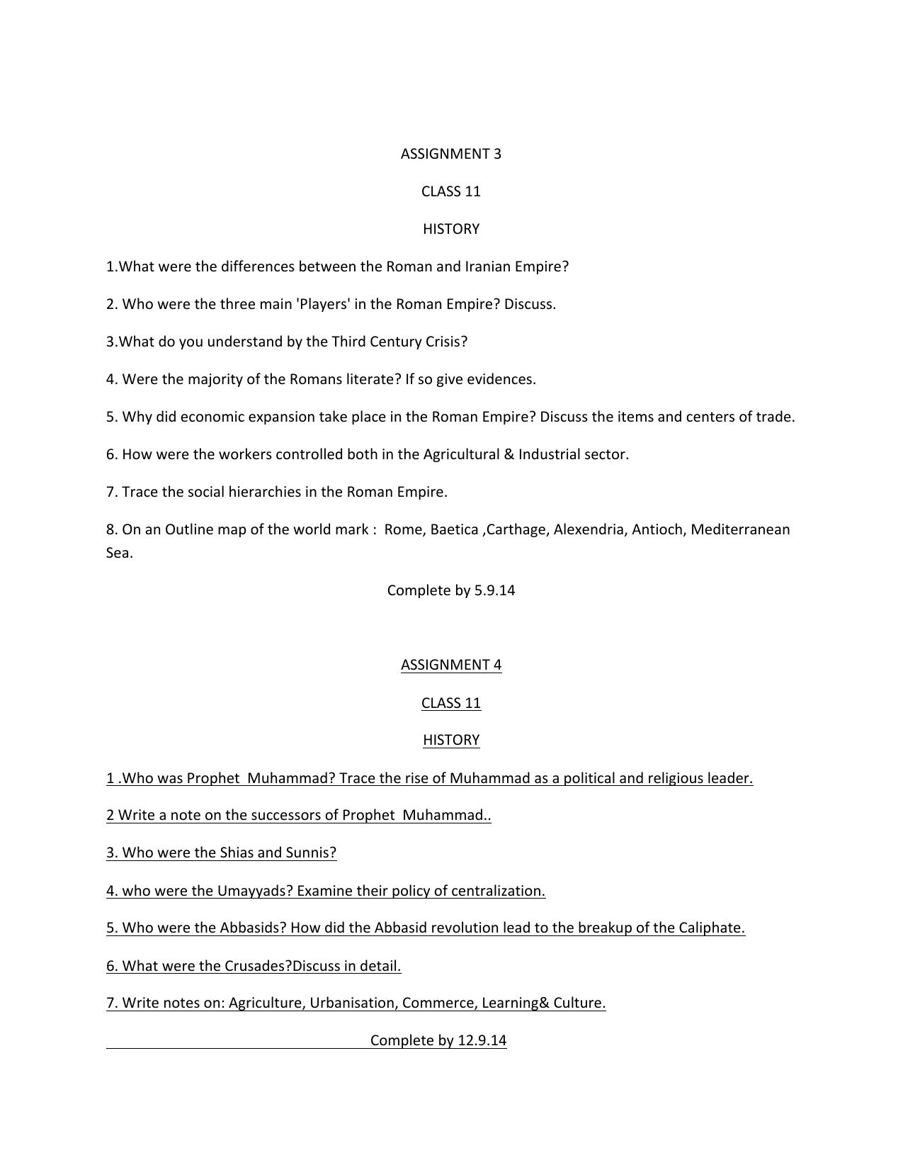 CBSE Worksheets for Class 11 History Roman and Iranian Empire Assignment - Page 1