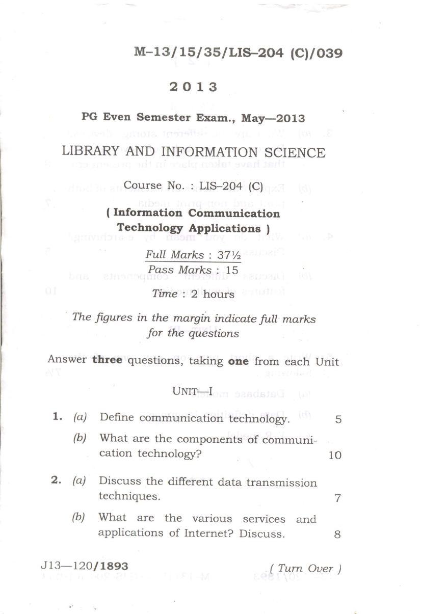Assam University MLiSc (103) Dec 2013 Question Paper - Page 17
