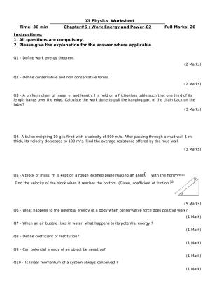 CBSE Worksheets for Class 11 Physics Work Energy and Power 2