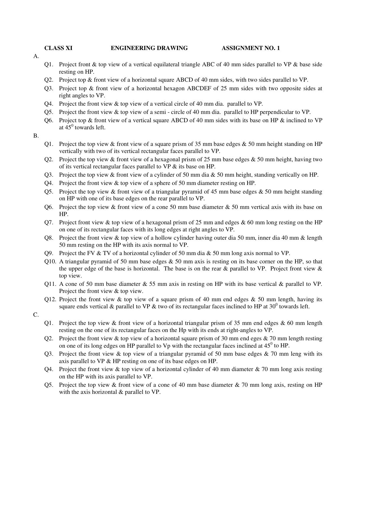 CBSE Worksheets for Class 11 Engineering Drawing Assignment 1 - Page 1