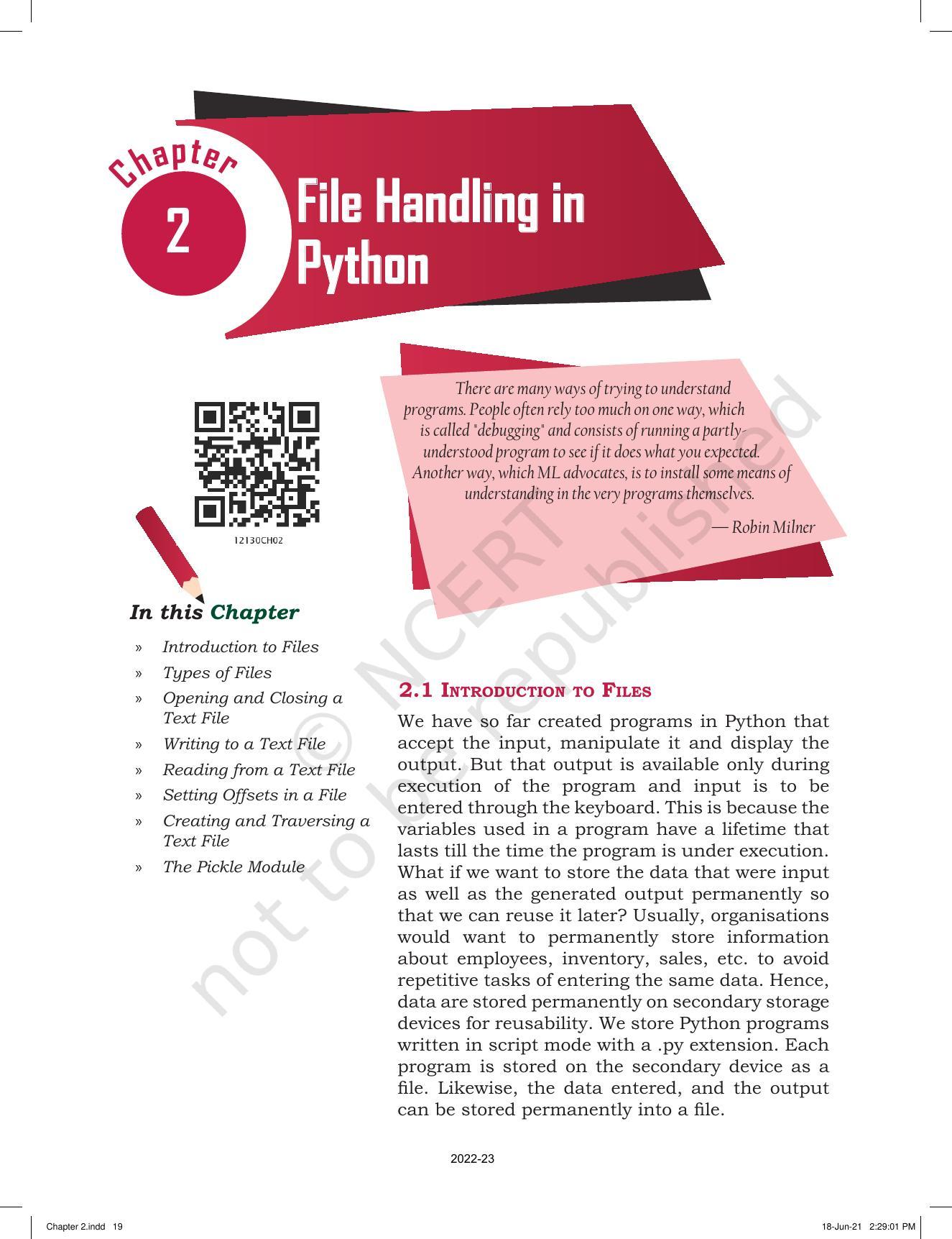 NCERT Book for Class 12 Computer Science Chapter 2 File Handling in Python - Page 1