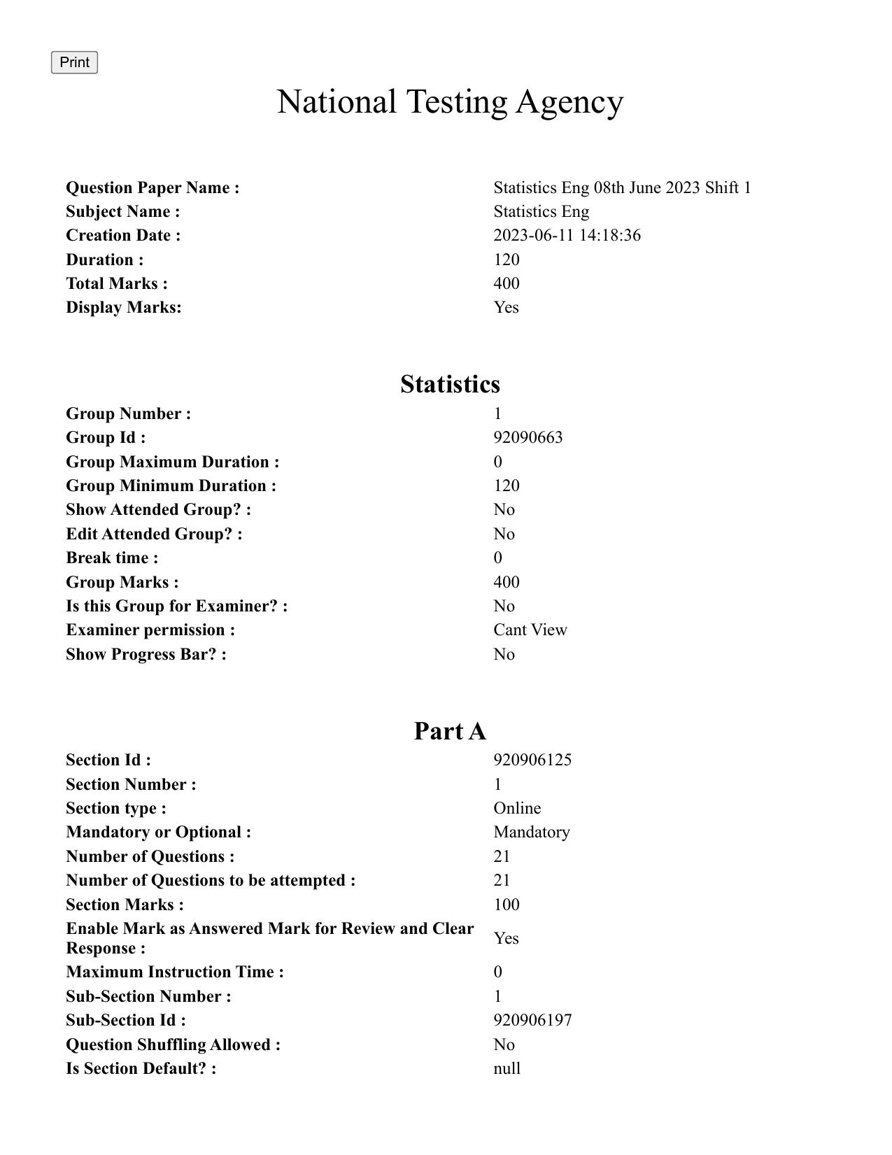 CUET PG 2023: SCQP27 – Statistics (Eng.)-shift 1 (08-06-2023) Question Paper - Page 1