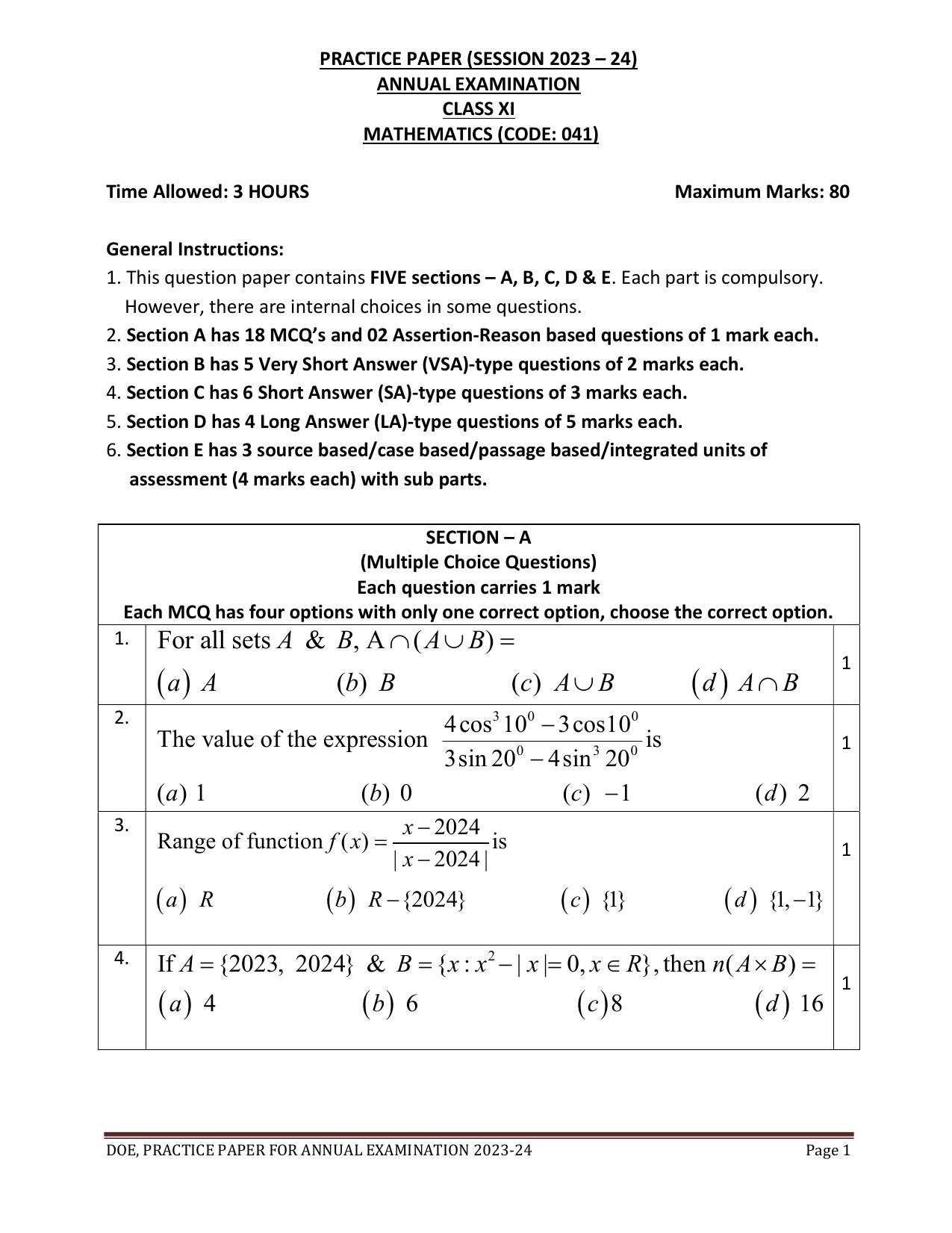 Edudel Class 11 Math (English) Practice Papers-2 (2023-24) - Page 1