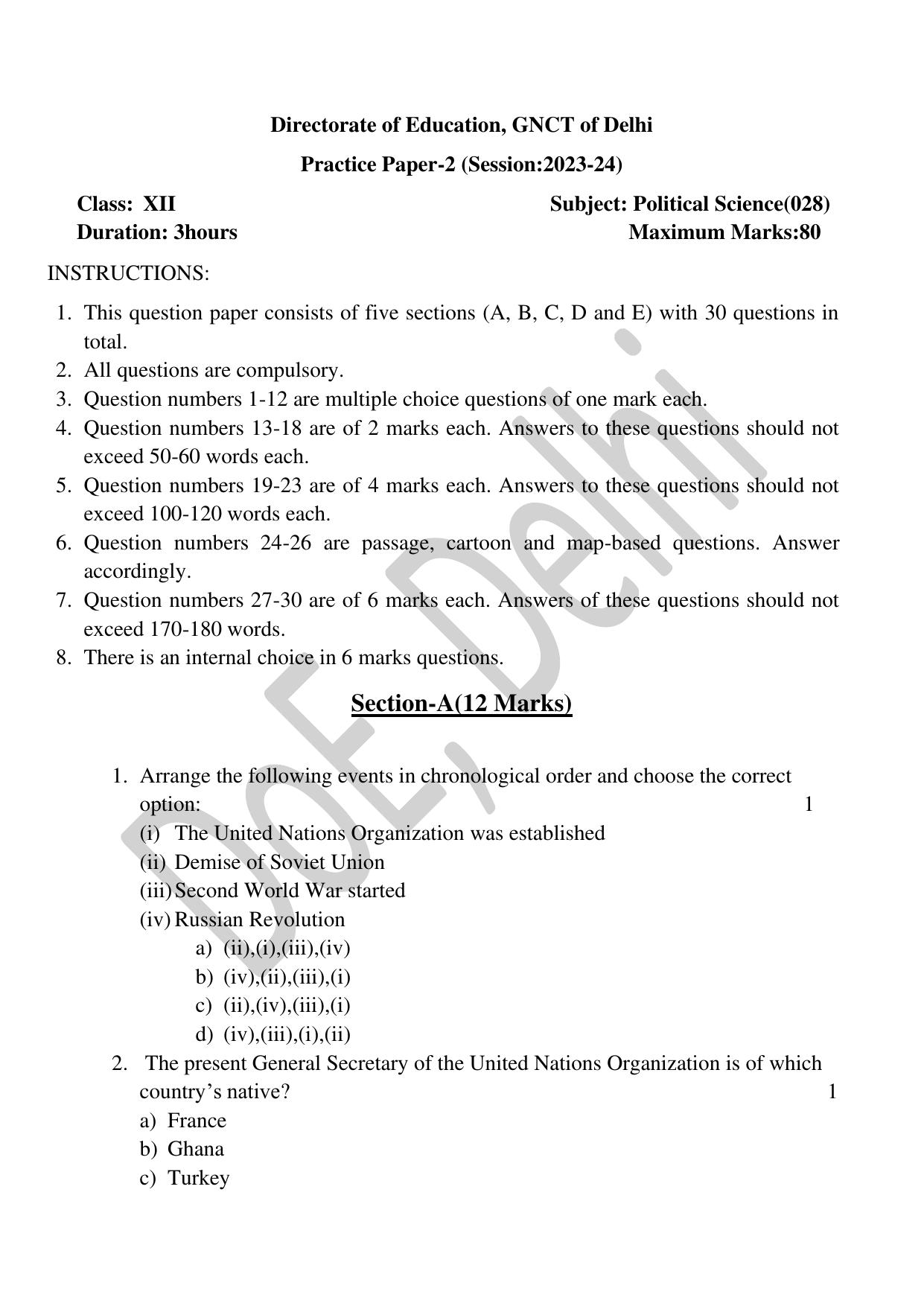 Edudel Class 12 Political Science (English) Practice Papers-2 (2023-24) - Page 1