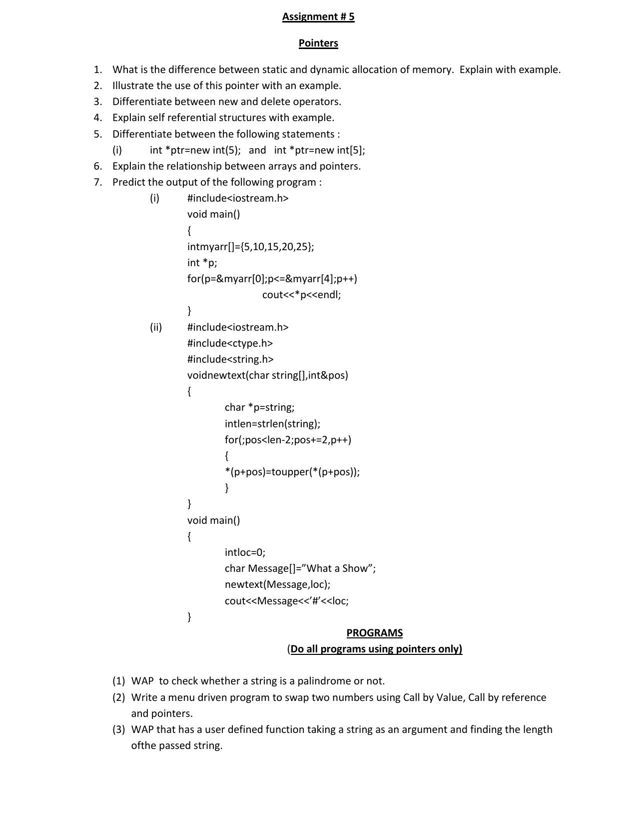 CBSE Worksheets for Class 11 Computer Science Pointers Assignment - Page 1