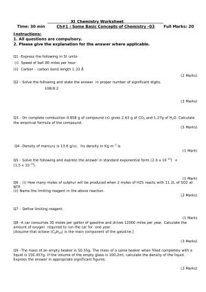 CBSE Worksheets for Class 11 Chemistry Some Basic Concepts Of Chemistry Assignment 3