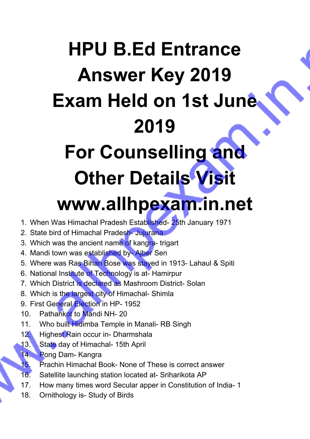 HPU B.Ed. Entrance Test 2019 Question Paper - Page 1