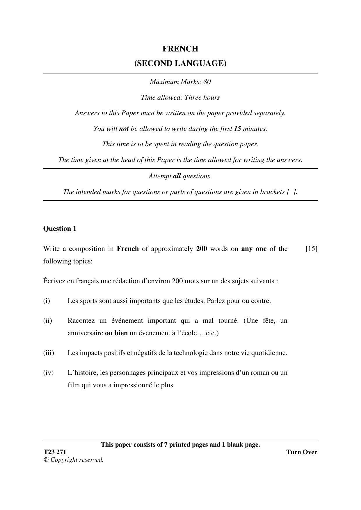 ICSE Class 10 FRENCH 2023 Question Paper - Page 1