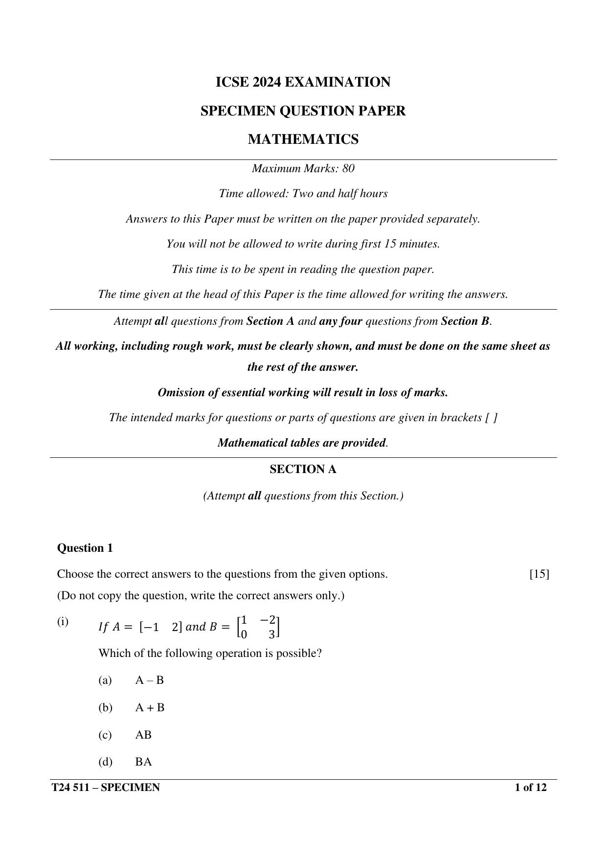 ICSE Class 10  2024 Mathematics Sample Paper - Page 1