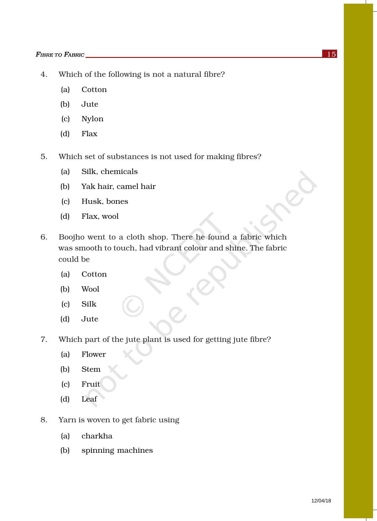 Ncert Exemplar Book For Class 6 Science Chapter 3 Fibre To Fabric