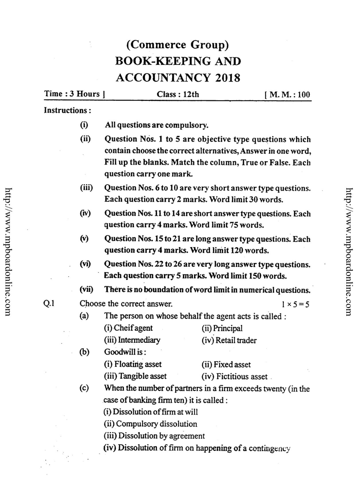 MP Board Class 12 Book Keeping And Accountancy 2018 Question Paper - Page 1