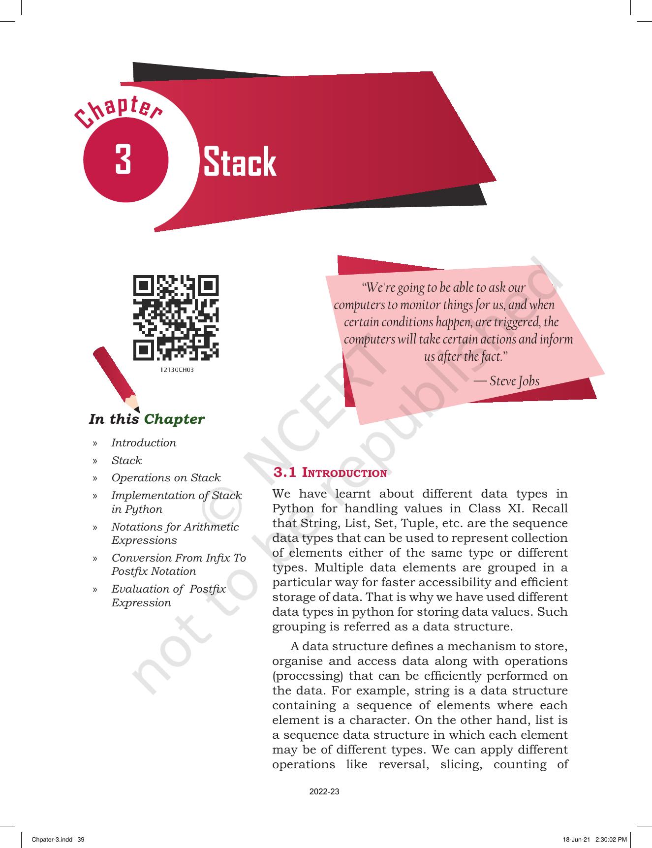 NCERT Book for Class 12 Computer Science Chapter 3 Stack - Page 1