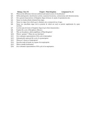 CBSE Worksheets for Class 11 Biology Assignment 16