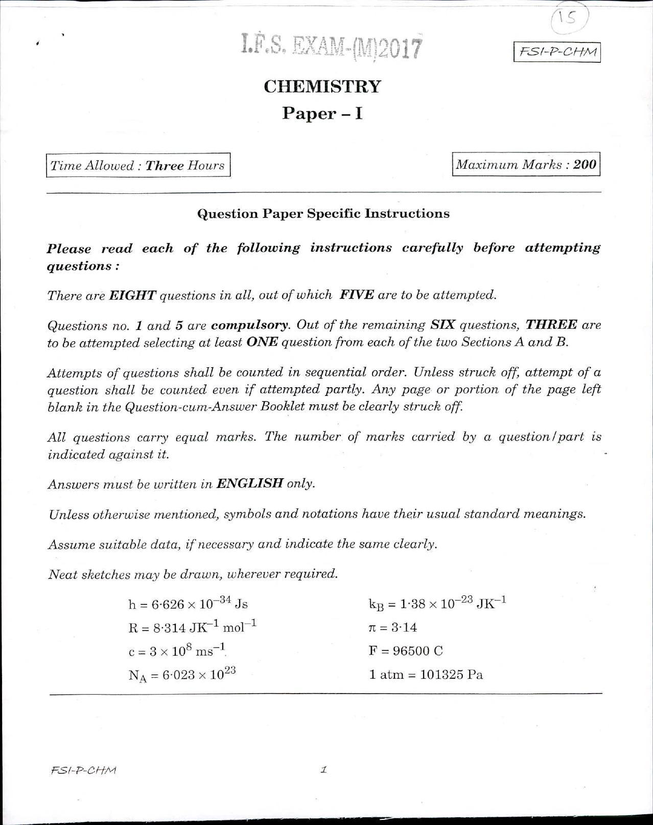 SGRDUHS 2017 B.Sc Nursing Chemistry IFS Question Papers (Paper - I) - Page 1