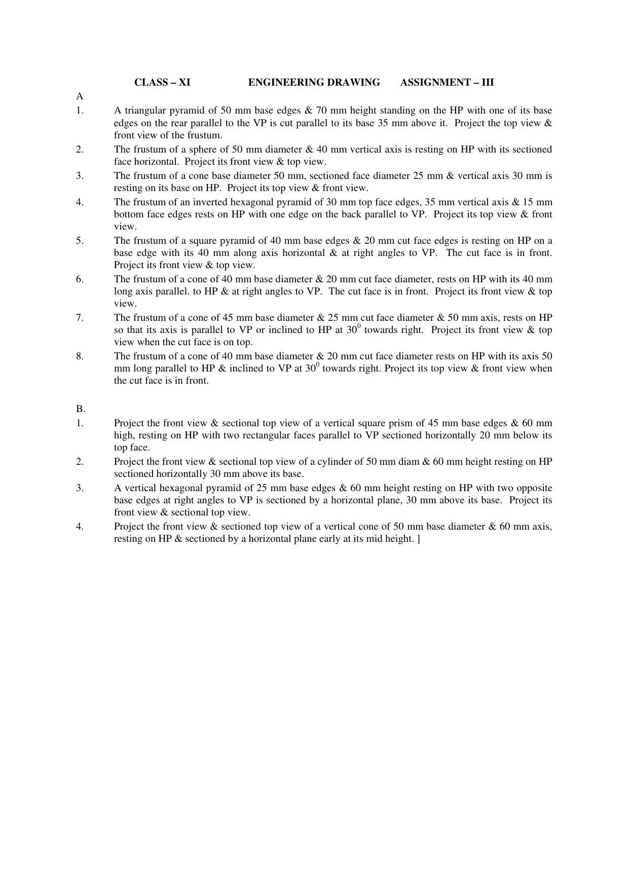 CBSE Worksheets for Class 11 Engineering Drawing Assignment 3 - Page 1