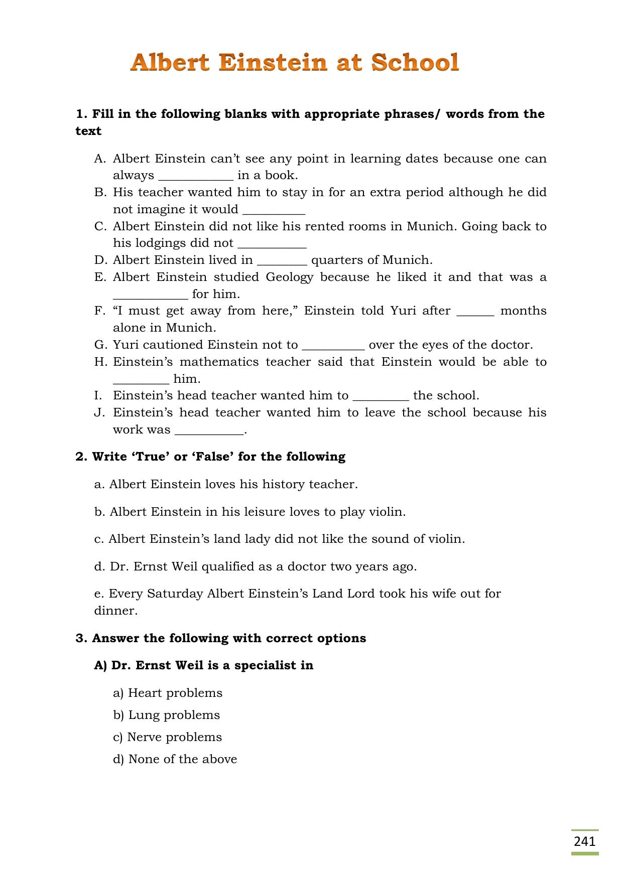 CBSE Worksheets for Class 11 English Albert Einstein at school questions answers - Page 1