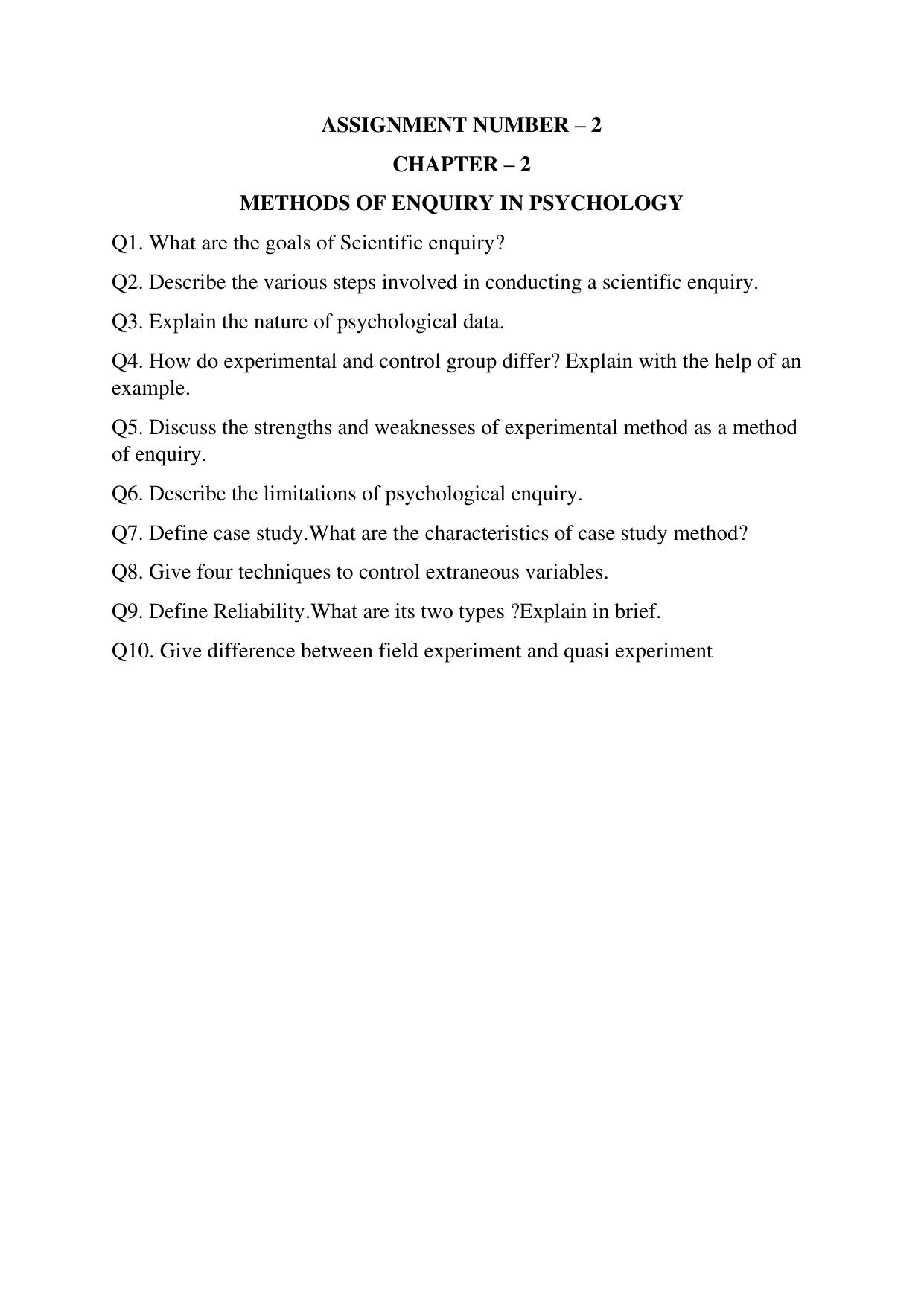 CBSE Worksheets for Class 11 Psychology Methods of Enquiry Assignment 1 - Page 1