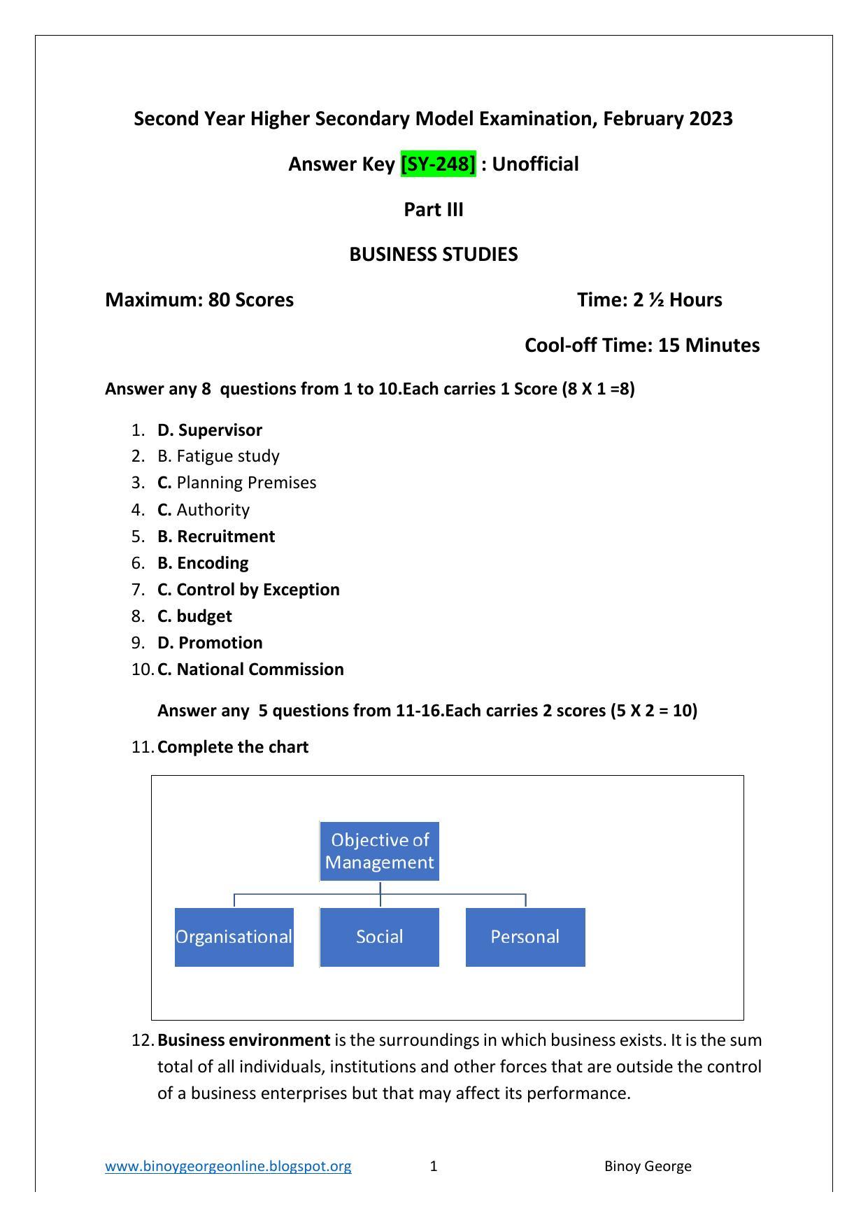 Kerala Plus Two 2023 Business Studies Model Answer Key - Page 1